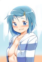 Rule 34 | 1girl, absurdres, blue eyes, blue hair, blush, breasts, female focus, gloamy, grin, halloween, highres, looking at viewer, mahou shoujo madoka magica, medium breasts, miki sayaka, navel, no bra, open clothes, open mouth, shiny skin, short hair, smile, solo, striped, upper body