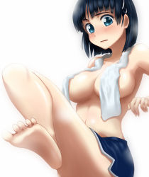 Rule 34 | 10s, 1girl, barefoot, black hair, blue eyes, breasts, censored, convenient censoring, feet, hair ornament, hairclip, kirigaya suguha, large breasts, md5 mismatch, navel, resolution mismatch, ryuusama, short hair, shorts, simple background, source larger, sword art online, topless, towel, towel over breasts, white background