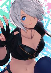 Rule 34 | 1girl, angel (kof), blue eyes, breasts, chaps, chienon, cleavage, collarbone, cropped jacket, fingerless gloves, gloves, hair over one eye, highres, jacket, large breasts, navel, short hair, smile, solo, the king of fighters, the king of fighters xv, v, white hair