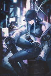 Rule 34 | 1girl, :/, absurdres, bare shoulders, baseball cap, belt, beretta 92, black belt, black gloves, black hair, black hat, black pants, blue archive, blue eyes, blurry, blurry background, breasts, buckle, chest harness, closed mouth, coat, depth of field, feet out of frame, gloves, gun, hair over one eye, halo, handgun, harness, hat, highres, holding, holding gun, holding weapon, long hair, long sleeves, looking at viewer, medium breasts, midriff, no mask, open clothes, open coat, pants, rain, saori (blue archive), saya kuroha, sidelocks, sitting, sleeveless turtleneck crop top, snap-fit buckle, solo, tight clothes, tight pants, underbust, weapon, wet, wet clothes, white coat