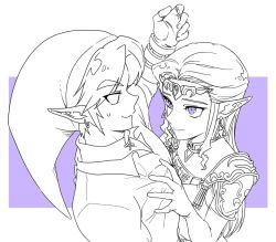 Rule 34 | 1boy, 1girl, armor, assertive female, border, earrings, elbow gloves, fingerless gloves, gloves, hair pulled back, hand on another&#039;s chest, hand up, highres, jewelry, lineart, link, long hair, nintendo, parted bangs, pointy ears, pointy hat, princess zelda, purple background, purple eyes, short hair, shoulder armor, sidelocks, smile, spot color, sweatdrop, the legend of zelda, the legend of zelda: ocarina of time, tnp, triforce earrings, tunic, upper body