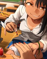 Rule 34 | 1girl, 1other, absurdres, black hair, blood, blue skirt, blurry, blurry background, breasts, brown eyes, cleavage, commentary, english commentary, grin, highres, holding, ijiranaide nagatoro-san, indoors, injury, khyle., long hair, looking at viewer, medium breasts, nagatoro hayase, nail polish, pliers, red nails, shirt, skirt, smile, solo focus, tan, white shirt