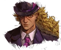 Rule 34 | 1boy, blonde hair, bowler hat, brown eyes, closed mouth, collared shirt, commentary request, cropped shoulders, dated, faux traditional media, formal, hat, highres, jojo no kimyou na bouken, korean commentary, long hair, male focus, necktie, phantom blood, pink necktie, rerojojo99, robert e. o. speedwagon, scar, scar on face, shirt, sketch, solo, suit, wavy hair, white background