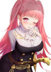 Rule 34 | 1girl, arm behind back, artist name, belt, blush, breasts, cowboy shot, dress, fire emblem, fire emblem: three houses, garreg mach monastery uniform, hilda valentine goneril, ippers, large breasts, long hair, looking at viewer, neckerchief, nintendo, one eye closed, pink eyes, pink hair, sheath, sheathed, short dress, simple background, smile, solo, sword, tongue, tongue out, twintails, weapon, white background, wink