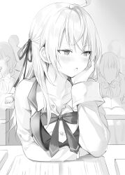 Rule 34 | 3girls, :o, absurdres, ahoge, alisa mikhailovna kujou, arm under breasts, blazer, blush, book, buttons, chair, collarbone, commentary request, crossed bangs, desk, greyscale, hair ornament, hair over shoulder, hair ribbon, hand on own cheek, hand on own face, highres, indoors, jacket, long hair, looking to the side, loose clothes, loose neck ribbon, loose shirt, medium hair, momoko (momopoco), monochrome, multiple girls, neck ribbon, parted bangs, parted lips, pleated shirt, pleated sleeves, ribbon, school chair, school desk, school uniform, shirt, sidelocks, solo focus, tokidoki bosotto roshia-go de dereru tonari no arya-san