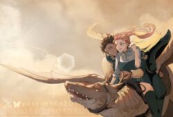 1boy 1girl claude_von_riegan commission couple dark-skinned_male dark_skin fire_emblem fire_emblem:_three_houses garreg_mach_monastery_uniform hetero hilda_valentine_goneril nintendo pink_hair riding_dragon second-party_source sky twintails yanyan46e20