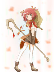Rule 34 | 1girl, akino kaede, blush, bow, brown gloves, brown shorts, capelet, elbow gloves, gloves, hat, highres, magia record: mahou shoujo madoka magica gaiden, mahou shoujo madoka magica, orange eyes, red bow, red hair, short hair, shorts, simple background, smile, solo, staff, thighhighs, white background, white thighhighs, witch hat