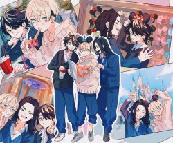 Rule 34 | 3boys, arm up, baji keisuke, black footwear, black hair, black jacket, blonde hair, blue jacket, blue pants, blue vest, blush, book, churro, closed mouth, collared shirt, cup, drinking straw, earrings, fangs, frown, full body, hair over one eye, hanemiya kazutora, hara pan-kun, highres, holding, holding book, jacket, jewelry, long hair, long sleeves, looking at viewer, male focus, matsuno chifuyu, mickey mouse ears, minnie mouse ears, mole, mole under eye, multicolored hair, multiple boys, neck tattoo, one eye covered, open mouth, pants, photo (object), profile, shirt, shoes, short hair, single earring, sleeves past wrists, smile, standing, tattoo, tokyo revengers, two-tone hair, upper body, v, vest, white jacket, white shirt