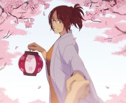 Rule 34 | 1girl, 1other, blurry, brown eyes, brown hair, cherry blossoms, commentary, depth of field, floral print, glasses, grey robe, hange zoe, hanpetos, holding, holding hands, holding lantern, japanese clothes, kimono, lantern, obi, orange kimono, paper lantern, petals, ponytail, robe, sash, shingeki no kyojin, smile, solo focus
