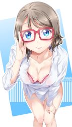 Rule 34 | 1girl, adjusting eyewear, artist name, blue eyes, bra, breasts, cleavage, commentary, glasses, grey hair, highres, leaning forward, long sleeves, looking at viewer, love live!, love live! sunshine!!, medium breasts, no pants, partially unbuttoned, red-framed eyewear, red bra, shirt, short hair, solo, surfing orange, underwear, watanabe you, watermark, white shirt