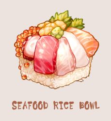 Rule 34 | cube, english text, fish (food), food, food focus, grey background, ikura (food), nigirizushi, no humans, original, rice, roe, saino misaki, salmon, sashimi, simple background, sushi