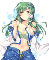 Rule 34 | 1girl, blush, bra, breasts, cleavage, courreges ace, detached sleeves, face, female focus, frills, frog, frown, green hair, hair ornament, kochiya sanae, large breasts, lingerie, navel, off shoulder, open clothes, panties, snake, solo, sweat, touhou, underwear, yellow eyes