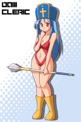 Rule 34 | 1girl, bad id, bad pixiv id, blue hair, boots, breasts, character name, chiki (chikibw), chunsoft, cleavage, copyright name, covered erect nipples, dragon quest, dragon quest iii, enix, hat, hip focus, long hair, medium breasts, midriff, mitre, priest (dq3), red eyes, revealing swimsuit (dq), solo, staff, swimsuit, wide hips