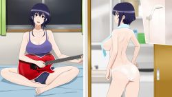 Rule 34 | 1girl, ass, bare arms, bare legs, barefoot, bed, blurry, breasts, cleavage, collarbone, convenient censoring, cottage, covered erect nipples, cowboy shot, curtains, depth of field, feet, full body, green curtains, guitar, head tilt, highres, hyoudou michiru, indian style, indoors, instrument, large breasts, looking back, medium breasts, night, open mouth, panties, purple hair, saenai heroine no sodatekata, short hair, shower head, sitting, smile, standing, toes, towel, towel over breasts, underwear, window