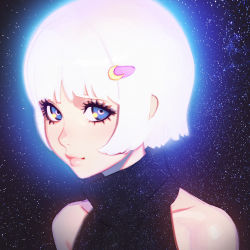 Rule 34 | 1girl, bare shoulders, blue eyes, blunt bangs, closed mouth, collarbone, copyright request, glowing, ilya kuvshinov, lips, looking at viewer, portrait, sleeveless, smile, solo, space, space print, star (sky), starry sky print, sweater vest, turtleneck, upper body, white hair