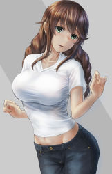 Rule 34 | 1girl, awkward, blush, braid, breasts, brown hair, casual, collarbone, cowboy shot, denim, embarrassed, green eyes, grey background, groin, hair between eyes, hands up, head tilt, highres, jeans, kantai collection, kokuzou, large breasts, long hair, looking at viewer, midriff peek, navel, noshiro (kancolle), open mouth, pants, shirt, short sleeves, sidelocks, smile, solo, taut clothes, taut shirt, twin braids, two-tone background, white shirt