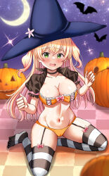 Rule 34 | 1girl, absurdres, bat (animal), bikini, black choker, black garter straps, black thighhighs, blonde hair, breasts, choker, cleavage, clothing request, crescent moon, garter straps, green eyes, halloween, hat, highres, hololive, jack-o&#039;-lantern, large breasts, long hair, looking at viewer, momosuzu nene, moon, navel, nootomo, open mouth, pumpkin, purple headwear, sky, smile, star (sky), star (symbol), starry sky, striped clothes, striped thighhighs, swimsuit, thighhighs, two side up, virtual youtuber, white thighhighs, witch hat, yellow bikini