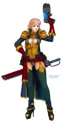 Rule 34 | 10s, 1girl, 2010, artist name, breasts, chain sword, cleavage cutout, clothing cutout, commissar, dated, green eyes, gun, high heels, kano-kun, large breasts, leotard, looking at viewer, military, plasma pistol, platform footwear, shoes, short hair, simple background, soldier, solo, sword, thighhighs, warhammer 40k, weapon, white background