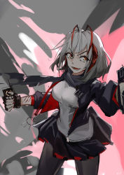 Rule 34 | 1girl, absurdres, antennae, arknights, black gloves, black jacket, black pantyhose, black scarf, black skirt, breasts, chinese commentary, demon girl, demon horns, detonator, fingerless gloves, gloves, grey hair, grey shirt, highres, holding, horns, jacket, long hair, looking at viewer, medium breasts, nail polish, open clothes, open jacket, open mouth, orange eyes, pantyhose, red nails, scarf, shirt, simple background, skirt, sleeves rolled up, solo, ss-7, standing, w (arknights)