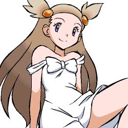 Rule 34 | 1girl, arm support, brown hair, closed mouth, collarbone, creatures (company), dress, female focus, flat chest, forehead, game freak, gomatarou (pixiv196136), gym leader, hair bobbles, hair ornament, happy, jaggy lines, jasmine (pokemon), knee up, long hair, looking at viewer, lowres, nintendo, off shoulder, pokemon, pokemon gsc, purple eyes, simple background, sitting, sleeveless, sleeveless dress, smile, solo, white background, white dress