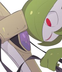 Rule 34 | 1girl, absurdres, aegislash, black sclera, bob cut, bright pupils, colored sclera, colored skin, constricted pupils, creatures (company), eye contact, false smile, from side, game freak, gardevoir, gen 3 pokemon, gen 6 pokemon, grabbing, green hair, green skin, hair over one eye, hand up, happy, highres, looking at another, multicolored skin, nervous, nintendo, one-eyed, one eye covered, open mouth, pokemon, pokemon (creature), profile, purple eyes, red eyes, short hair, simple background, slit pupils, smile, squid (pixiv 27814354), sweat, sword, two-tone skin, weapon, white background, white pupils, white skin, wide-eyed