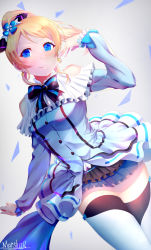 Rule 34 | 10s, 1girl, arm up, artist name, ayase eli, blonde hair, blue eyes, blush, bow, breasts, closed mouth, dress, dutch angle, earrings, frilled dress, frilled skirt, frills, gloves, hair bow, hair ornament, jewelry, kira-kira sensation!, long hair, looking at viewer, love live!, love live! school idol project, marshall (wahooo), open mouth, ponytail, ribbon, skirt, smile, solo, standing, thighhighs, white gloves