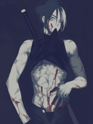 Rule 34 | 1boy, abs, black hair, blood, blood on face, blood on hands, clothes lift, facial mark, folded ponytail, grey hair, male focus, one-punch man, onsoku no sonic, scar, shirt lift, simple background, solo, sword, underwear, weapon, zura (2110702)