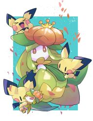 Rule 34 | blue background, border, closed eyes, creatures (company), game freak, gen 2 pokemon, gen 5 pokemon, highres, lilligant, nintendo, no humans, open mouth, outside border, pichu, pokemon, pokemon (creature), rakkonokawa, simple background, spiky-eared pichu, white border