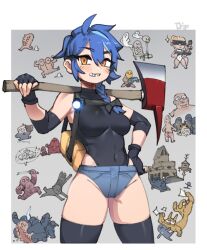 Rule 34 | 1girl, axe, bare shoulders, black bow, black gloves, black leotard, black thighhighs, blue hair, blue shorts, bow, braid, breasts, brown eyes, building, commentary, covered navel, dif (difman), difman, english commentary, fingerless gloves, fire axe, gloves, grey background, grin, groin, hair between eyes, hair bow, hair over shoulder, hand on own hip, highres, holding, holding axe, holding sword, holding weapon, katana, leotard, leotard under clothes, long hair, looking at viewer, medium breasts, monster, multicolored hair, original, short shorts, shorts, signature, single braid, skeleton, smile, solo focus, sons of the forest, streaked hair, sunglasses, sword, thighhighs, two-tone background, virginia puffton, weapon, white background