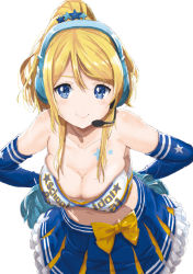 Rule 34 | 10s, 1girl, arms behind back, ayase eli, bare shoulders, blue eyes, blue gloves, blush, breasts, bursting breasts, cheerleader, cleavage, cowboy shot, elbow gloves, gloves, hair ornament, headset, large breasts, leaning forward, long hair, looking at viewer, love live!, love live! school idol project, midriff, navel, pom pom (cheerleading), ponytail, skirt, smile, solo, star (symbol), takaramonozu, tattoo, tetsujin momoko, white background