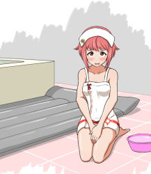 Rule 34 | 1girl, blush, bucket, dress, embarrassed, fire emblem, fire emblem fates, fire emblem heroes, nintendo, official alternate costume, open mouth, pink eyes, pink hair, sakura (fire emblem), short dress, short hair, sitting, solo, towel, towel on head, user rhvf8853, white dress