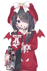 Rule 34 | 1girl, ame-chan (needy girl overdose), black hair, bow, demon wings, hair ornament, hair over one eye, hood, hoodie, kabe (zp66104), long hair, looking at viewer, needy girl overdose, red hoodie, red shirt, ribbon, shirt, solo, twintails, white bow, white ribbon, wings, x hair ornament