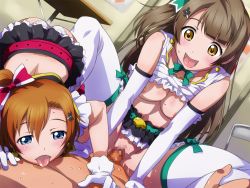 Rule 34 | 10s, 1boy, 2girls, ass, blue eyes, blush, breasts, brown eyes, brown hair, censored, clothes lift, earrings, elbow gloves, ffm threesome, girl on top, gloves, group sex, happy, happy sex, head out of frame, jewelry, kosaka honoka, legs, licking, long hair, looking down, love live!, love live! school idol project, lying, minami kotori, multiple girls, navel, no bra, no panties, open mouth, orange hair, panties, penis, pussy, sameha ikuya, sex, shirt lift, side ponytail, sitting, sitting on person, skirt, sweat, thighs, threesome, tongue, underwear, vaginal, white legwear