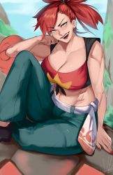 Rule 34 | 1girl, abs, absurdres, bare shoulders, belt, blue sky, breasts, cleavage, creatures (company), crop top, denim, flannery (pokemon), game freak, gen 3 pokemon, high ponytail, highres, jeans, large breasts, long hair, nintendo, pants, pokemon, pokemon oras, puzzled artist (name), red eyes, red hair, shirt, sitting, sky, sleeveless, tied shirt, torkoal