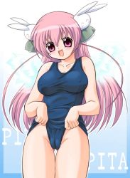 Rule 34 | 1girl, angel wings, blush, breasts, cameltoe, cleft of venus, clothes pull, covered erect nipples, hair ornament, happy, large breasts, long hair, looking at viewer, misha (pita ten), one-piece swimsuit, one-piece swimsuit pull, open mouth, pink hair, pita ten, purple eyes, school swimsuit, smile, solo, swimsuit, tanuki gakuen, wings