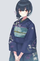 Rule 34 | 1girl, blue hair, blue kimono, blush, closed mouth, floral print, flower, grey background, hair between eyes, hair flower, hair ornament, idolmaster, idolmaster shiny colors, japanese clothes, kimono, long sleeves, looking at viewer, morino rinze, obi, own hands together, red eyes, sash, short hair, simple background, smile, solo, standing, syopota