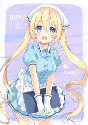 Rule 34 | 1girl, :d, apron, bad id, bad pixiv id, blend s, blonde hair, blue eyes, blue shirt, blue skirt, blush, collared shirt, copyright name, cowboy shot, frilled apron, frills, gloves, hair between eyes, head scarf, hinata kaho, holding, holding menu, kona (canaria), long hair, looking at viewer, menu, open mouth, pleated skirt, puffy short sleeves, puffy sleeves, shirt, short sleeves, skirt, smile, solo, thighhighs, translated, twintails, very long hair, waist apron, white apron, white gloves, white thighhighs