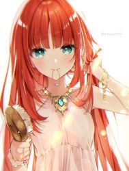 Rule 34 | 1girl, aqua eyes, bare shoulders, blurry, bracelet, closed mouth, collarbone, commentary request, dot nose, dress, genshin impact, hair down, hair tie in mouth, hand up, highres, holding, holding brush, holding hair, jewelry, light blush, light rays, long hair, looking at viewer, memeno, mouth hold, nilou (genshin impact), red hair, sleeveless, sleeveless dress, solo, sparkle, twitter username, tying hair, upper body, very long hair, white background, white dress