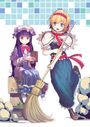 Rule 34 | 2girls, alice margatroid, amazon (company), bamboo broom, blonde hair, blue dress, blue eyes, book, box, breasts, broom, capelet, cardboard box, cleavage, coat, crescent, culter, dress, hair ribbon, hairband, hat, highres, long hair, long sleeves, medium breasts, mikan box, multiple girls, on box, open clothes, open coat, open mouth, patchouli knowledge, pink eyes, purple hair, ribbon, sash, short sleeves, sitting, sitting on box, sitting on object, striped clothes, striped dress, touhou, tress ribbon, very long hair