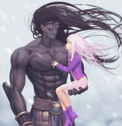 Rule 34 | 1boy, 1girl, bad id, bad pixiv id, heracles (fate), black hair, carrying, fate/stay night, fate (series), illyasviel von einzbern, long hair, looking at another, muscular, red eyes, size difference, tsukikanade, white hair