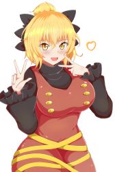 Rule 34 | 1girl, :d, black sweater, blonde hair, breasts, brown dress, commentary request, cowboy shot, double v, dress, hair bun, heart, highres, kurodani yamame, large breasts, long sleeves, looking at viewer, open mouth, seo haruto, short hair, simple background, single hair bun, slit pupils, smile, solo, standing, sweater, touhou, v, white background, yellow eyes