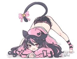 Rule 34 | 1girl, animal ear fluff, animal ears, animal print, bell, black hair, black shorts, blush, bow, cat ears, cat print, cat tail, child, dated, fangs, female focus, full body, hat, highres, jack-o&#039; challenge, jacket, jingle bell, long hair, looking at viewer, midriff, multicolored hair, open mouth, original, pink bow, pink hair, pink hat, pink jacket, puffy sleeves, short eyebrows, short shorts, shorts, signature, simple background, smile, socks, solo, striped clothes, striped socks, swept bangs, tail, tail bell, tail bow, tail ornament, top-down bottom-up, white background, wuhuo