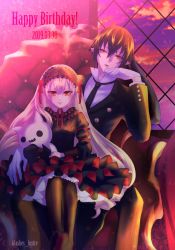 Rule 34 | 1boy, 1girl, ashes lustre, black dress, black hair, black pantyhose, blonde hair, butler, camilla regina, dated, dress, drill hair, english text, flower, formal, frilled dress, frills, full body, gloves, goth fashion, gothic lolita, hairband, happy birthday, highres, killian phegor, lolita fashion, lolita hairband, long hair, looking at viewer, pantyhose, pointy ears, pop-up story, red eyes, ribbon, rose, shinigami, sitting, sitting on lap, sitting on person, smile, suit, twin drills, twitter username, vampire, white gloves, yellow eyes