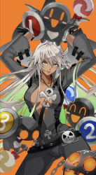 Rule 34 | 1girl, alternate color, arc system works, belt, breasts, brown eyes, candy, center opening, cleavage, collarbone, cross, cross necklace, dark-skinned female, dark skin, food, gauss &lt;bokashi, gloves, grey hair, grey jumpsuit, guilty gear, guilty gear strive, hair between eyes, highres, holding, jack-o&#039; valentine, jewelry, jumpsuit, knight servant, large breasts, lollipop, long hair, looking at viewer, necklace, open mouth, orange background, simple background, smile, solo, very long hair