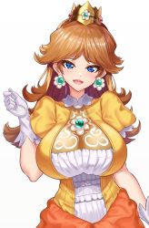 Rule 34 | 1girl, absurdres, blue eyes, breasts, brown hair, cleavage, collar, crown, dress, earrings, eyes visible through hair, flower earrings, frilled collar, frills, gloves, highres, jewelry, large breasts, long hair, looking at viewer, mario (series), medium hair, nez-box, nintendo, open mouth, orange dress, princess daisy, puffy sleeves, short sleeves, simple background, smile, solo, super mario land, white background, white collar, white gloves, yellow dress