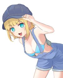 Rule 34 | 1girl, 7stel2ar, :3, absurdres, adjusting clothes, adjusting headwear, aqua bikini, aqua eyes, bikini, blonde hair, blue hat, blue overalls, breasts, fang, halterneck, hat, highres, looking at viewer, medium breasts, mem-cho, open mouth, oshi no ko, overalls, short hair, simple background, solo, swimsuit, white background