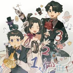 Rule 34 | ..., 1girl, 2boys, :d, ace attorney, arm behind back, ascot, bangs pinned back, black coat, black eyes, black gloves, black hair, black vest, blue bow, blue bowtie, blue eyes, bow, bowtie, buttons, chuunosuke (ace attorney), closed eyes, coat, collared shirt, dress, english text, frilled ascot, frills, gloves, hair ribbon, hair rings, highres, instrument, kazuma asogi, kumaris, lapels, long dress, multiple boys, musical note, nyan zieks, nyasogi, open mouth, pink scarf, red ascot, ribbon, ryunosuke naruhodo, scarf, shirt, short hair, sleeve cuffs, smile, spiked hair, spoken ellipsis, staff (music), strapless, strapless dress, susato mikotoba, tailcoat, tambourine, the great ace attorney, trumpet, updo, upper body, usalock, usato (ace attorney), v-shaped eyebrows, vest, white dress, white gloves, white ribbon, white shirt, xinjinjumin7559993