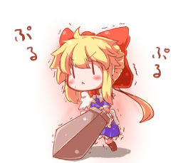 Rule 34 | &gt;:&lt;, 1girl, :&lt;, blonde hair, blush stickers, chibi, closed mouth, female focus, goliath doll, holding, mintmochi (artist), mochinabe, solo, sword, touhou, translation request, trembling, v-shaped eyebrows, weapon, | |