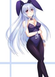 Rule 34 | 1girl, animal ears, bad id, bad pixiv id, bare shoulders, black pantyhose, blue hair, blush, breasts, cleavage, detached collar, fairy fencer f, fake animal ears, leotard, long hair, looking at viewer, pantyhose, pink eyes, playboy bunny, rabbit ears, sd (sdgu), smile, solo, standing, tiara (fairy fencer f), very long hair, white background, wrist cuffs