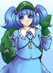 Rule 34 | 1girl, backpack, bag, blue eyes, blue hair, blush, gloves, green gloves, hair bobbles, hair ornament, hat, kawashiro nitori, key, looking at viewer, matching hair/eyes, mazume, short hair, simple background, smile, solo, touhou, twintails, two side up, wrench